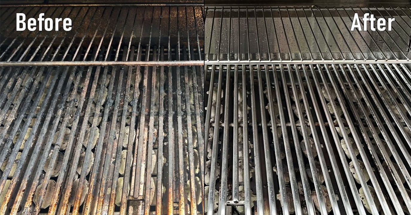 A heavily used BBQ on the left and the same BBQ cleaned spotless on the right
